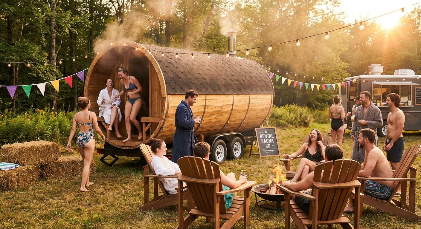 Rented barrel sauna at outdoor party event