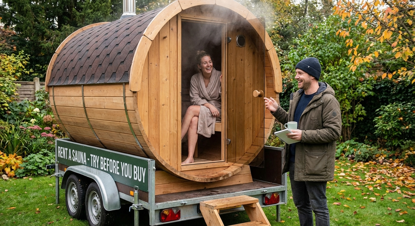 Couple trying rented barrel sauna in garden