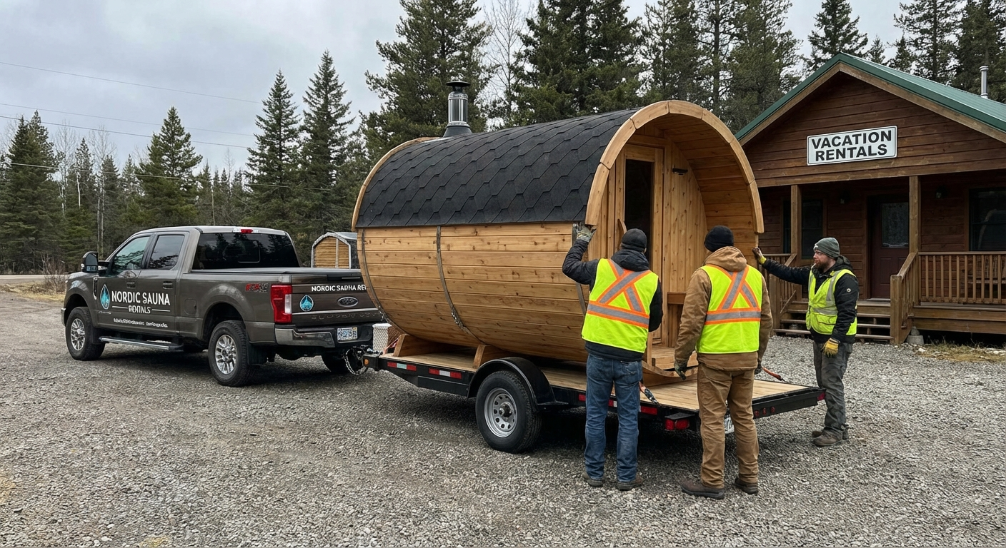 Mobile barrel sauna on trailer being delivered to rental location