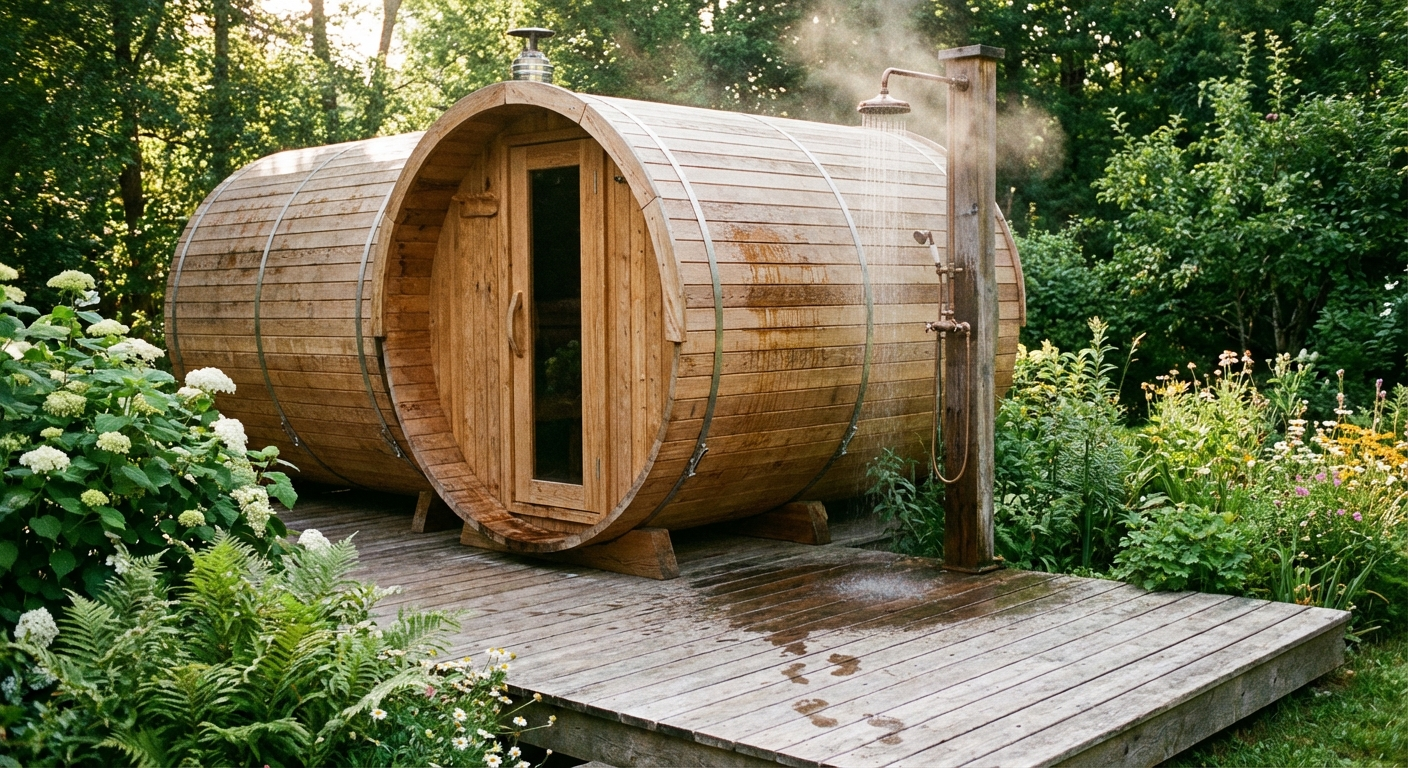 Outdoor-Dusche neben Fasssauna im Garten