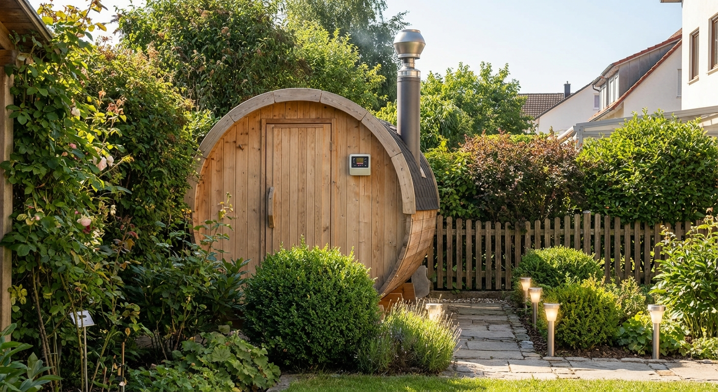 Gut integrierte Fasssauna im Garten mit gepflegtem Umfeld