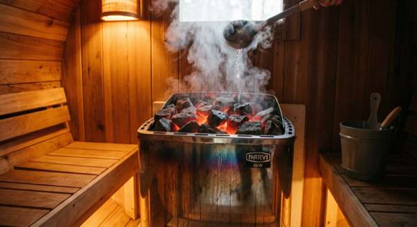 Close-up of a 6kW sauna heater with glowing stones in a wooden barrel sauna