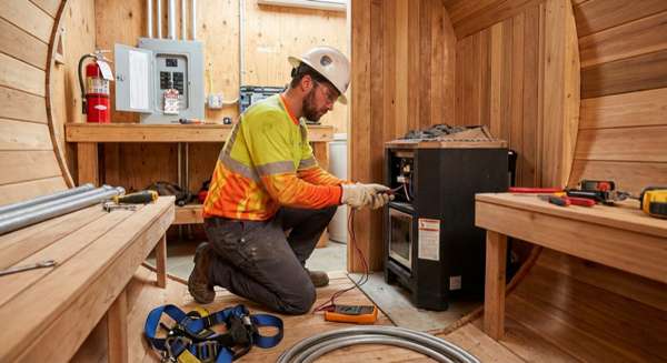 Professional electrician installing a sauna heater in a barrel sauna