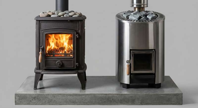 Three different sauna heaters side by side on a wooden table: small 4.5kW