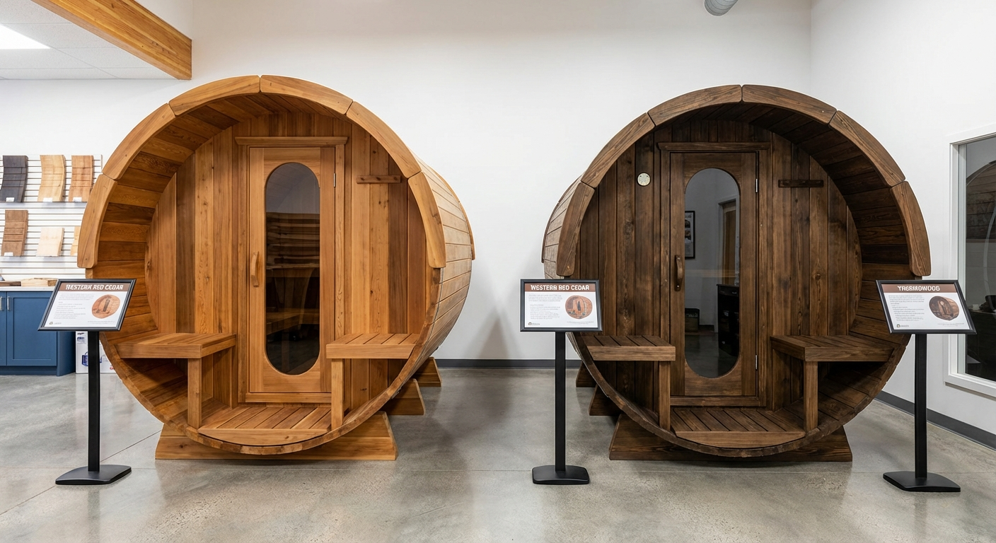 Premium Fasssauna mit Glasfront im Garten