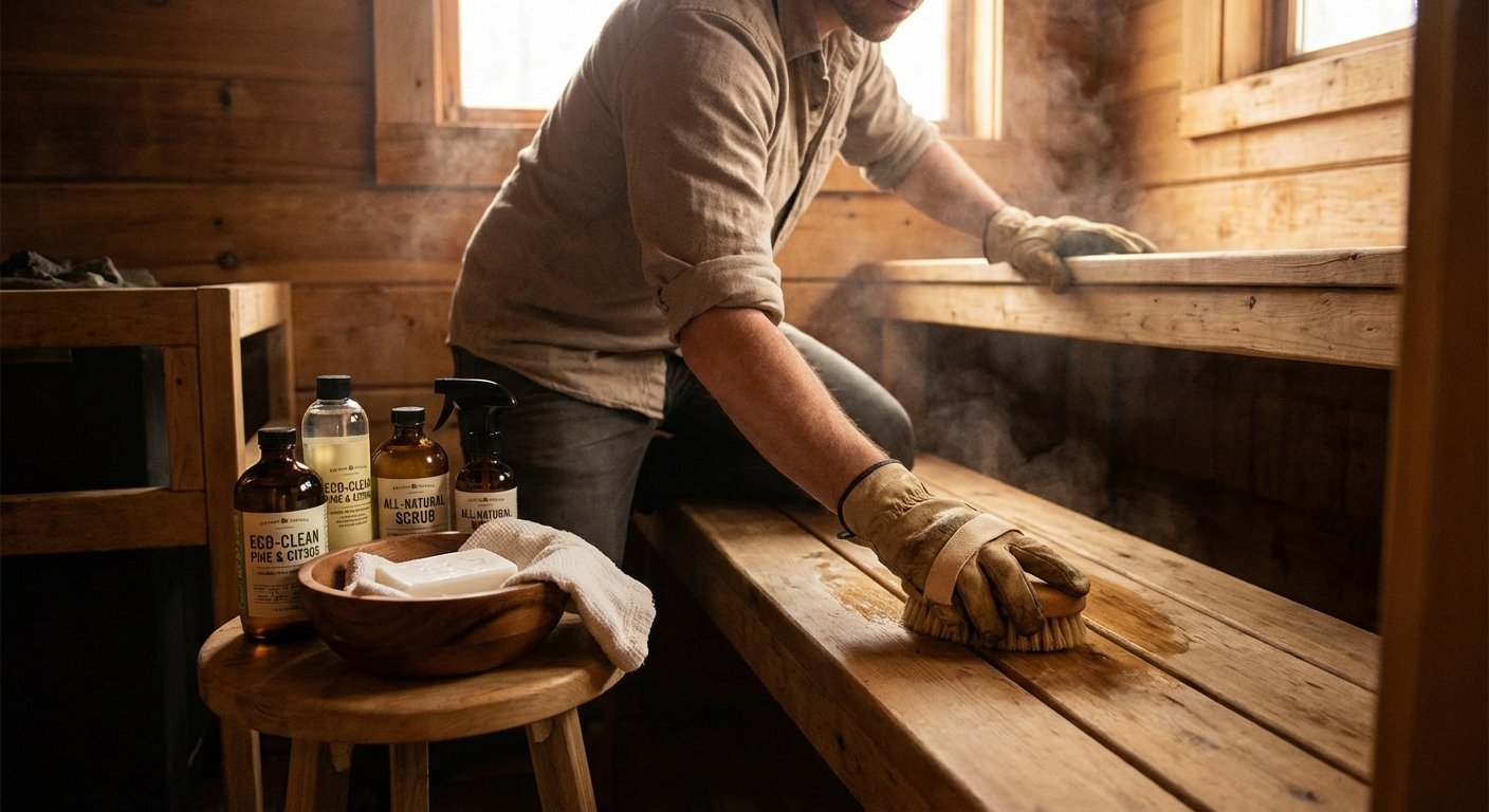 Person scrubbing wooden sauna bench with natural bristle brush