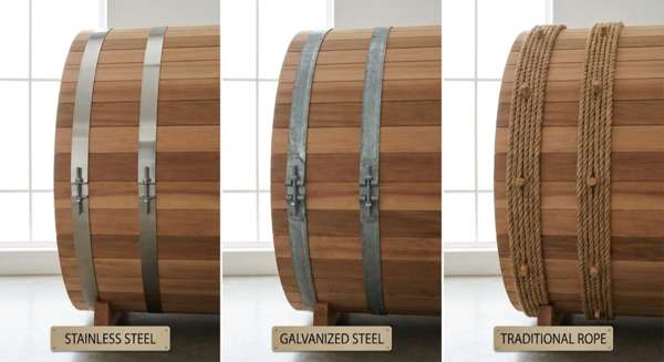 Comparison of barrel sauna bands: stainless steel vs galvanized steel vs traditional rope