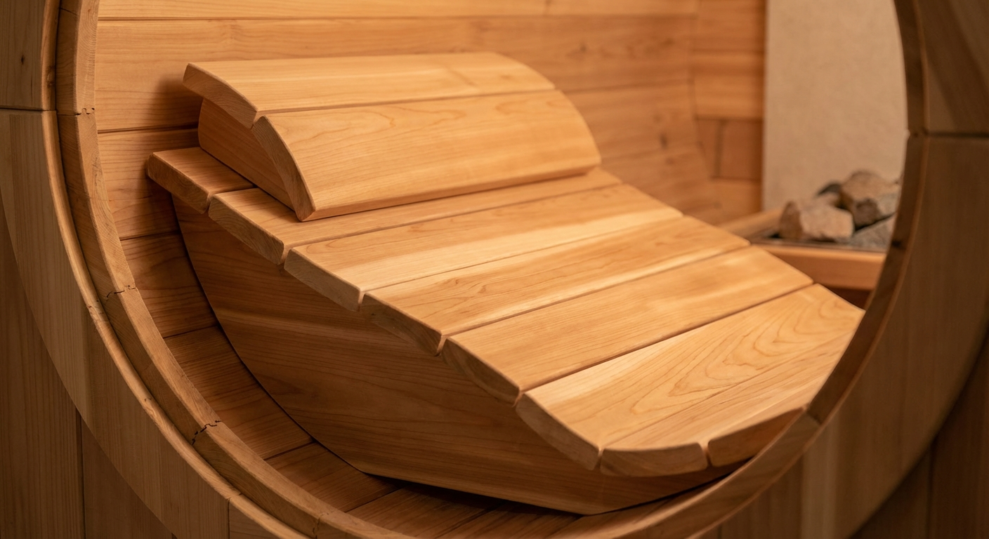 Ergonomic wooden backrest and headrest inside a barrel sauna