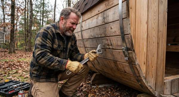 Person tightening barrel sauna tension band with wrench