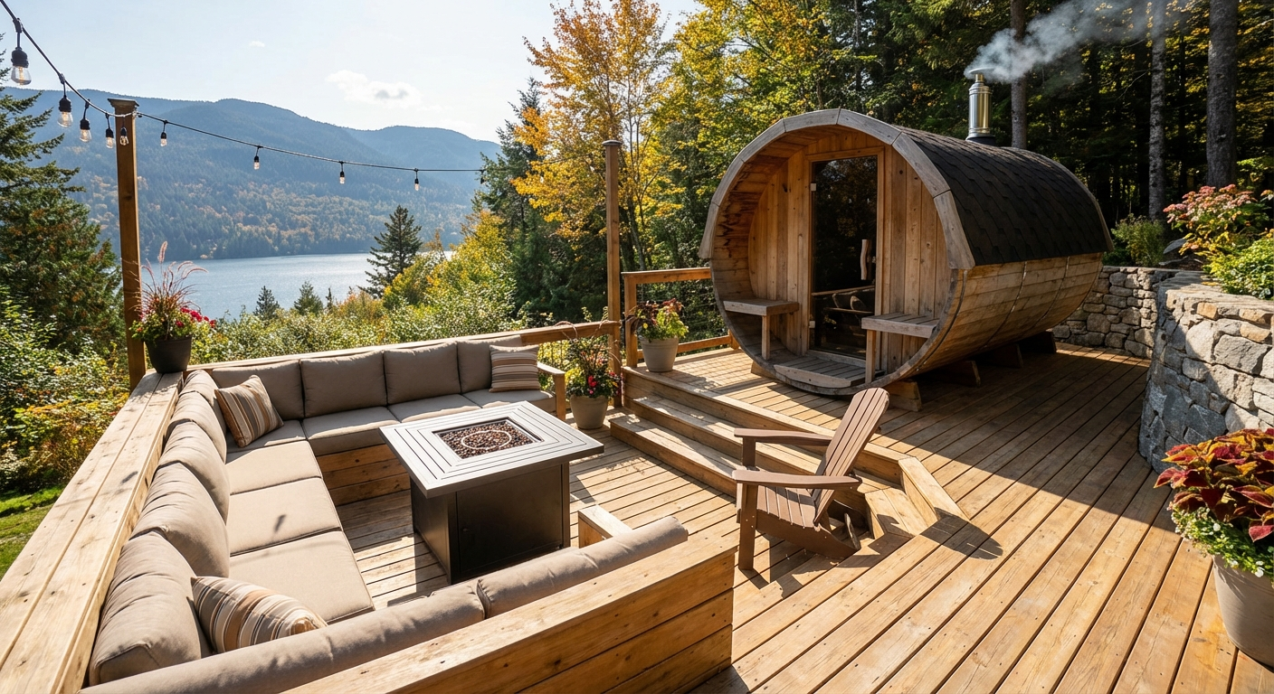 Barrel sauna on beautiful wooden deck/terrace