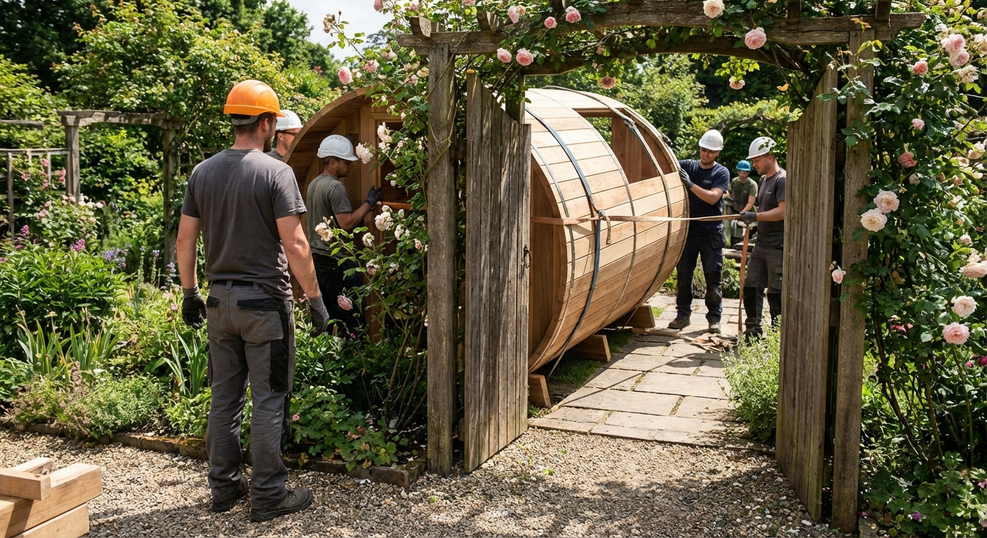 Team of workers carrying barrel sauna sections through garden gate