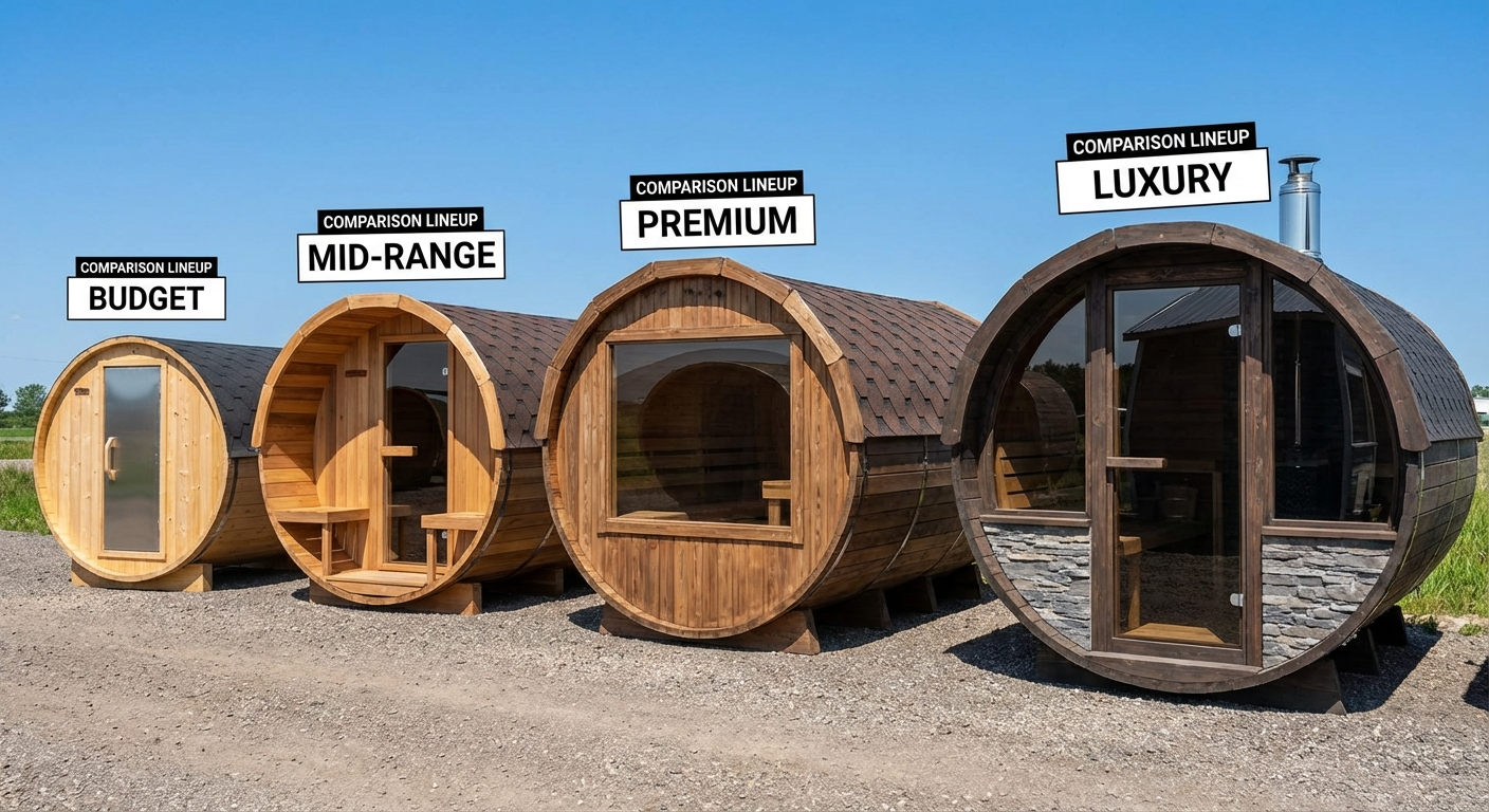 Four different barrel sauna models in a row: budget