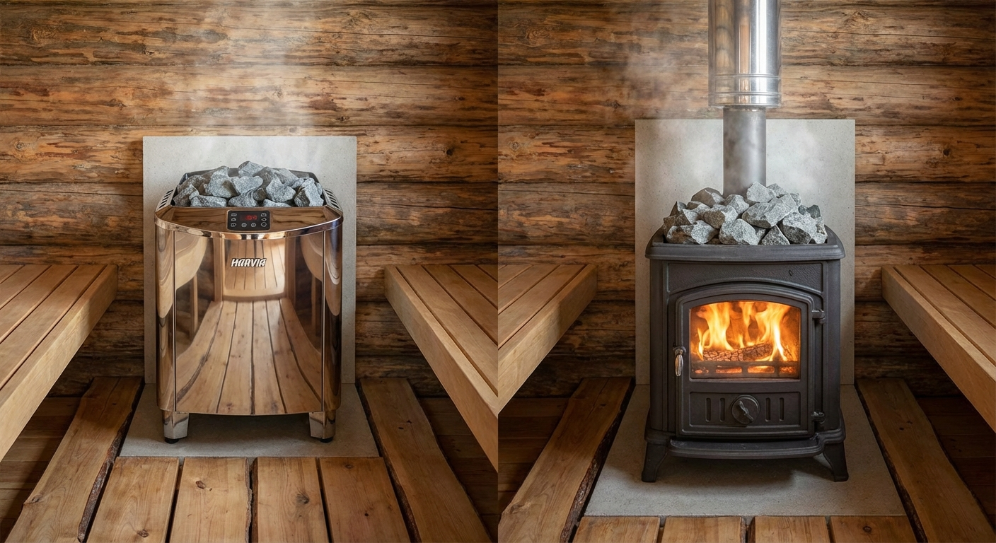 Two sauna heaters compared: electric Harvia on left