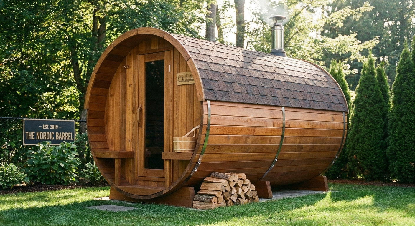 Well-maintained 5-year-old barrel sauna looking almost new