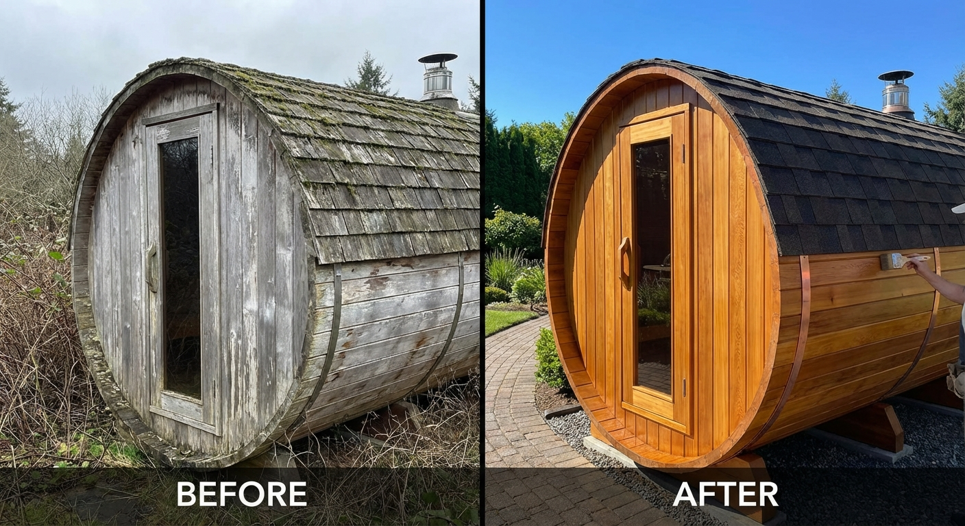 Before-after of barrel sauna restoration: weathered grey on left