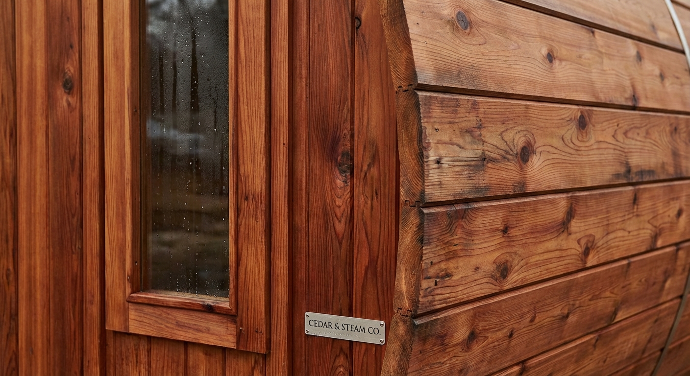 Fasssauna aus Western Red Cedar im Garten