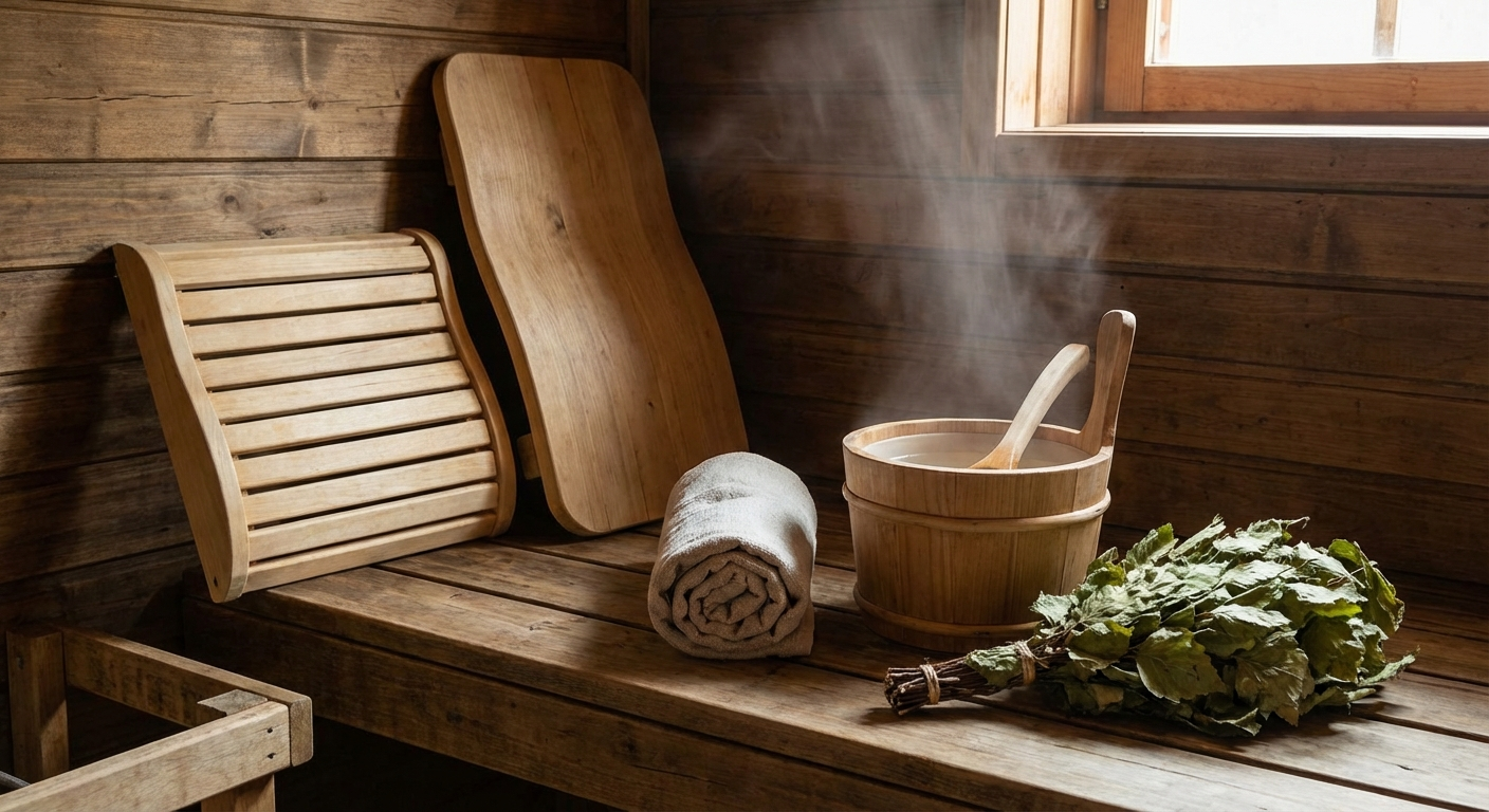 Sauna accessories laid out: wooden headrest