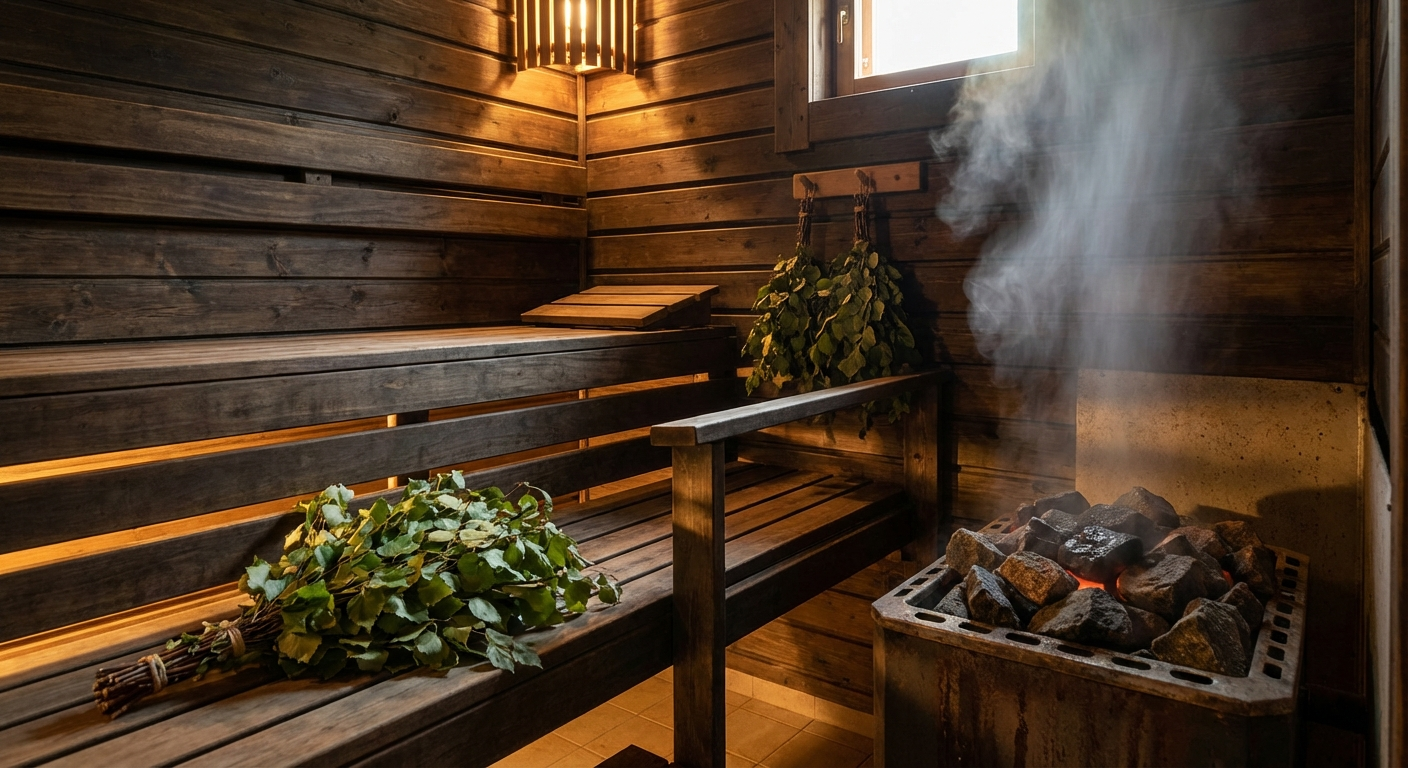 Authentische finnische Sauna mit Holzbänken, Birkenzweigen und aufsteigendem Dampf