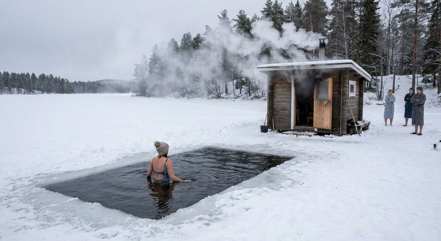 Person ice swimming (avanto) in frozen Finnish lake next to steaming sauna