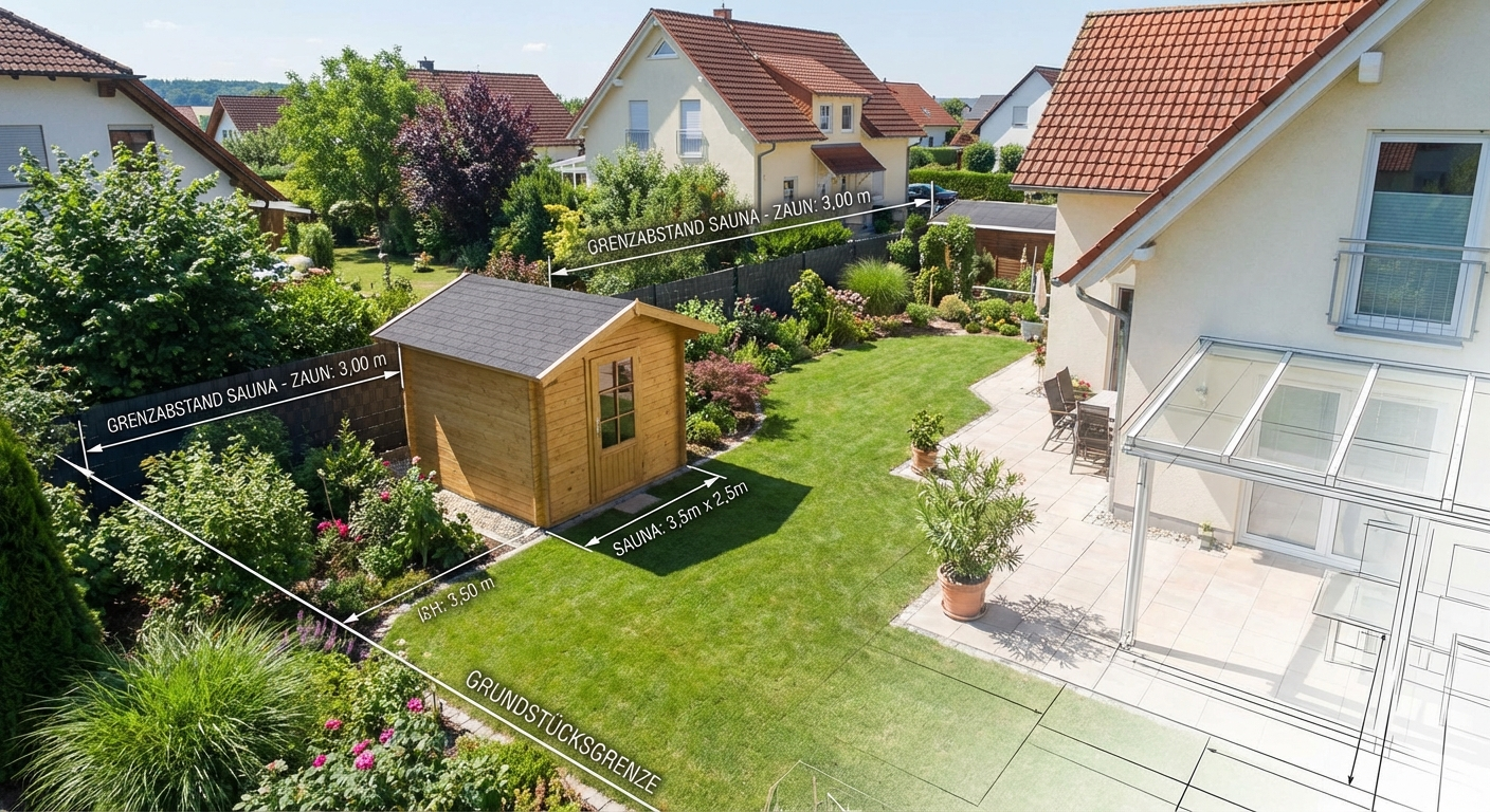 Gartensauna im Garten mit Abstandsmarkierungen zum Nachbargrundstück