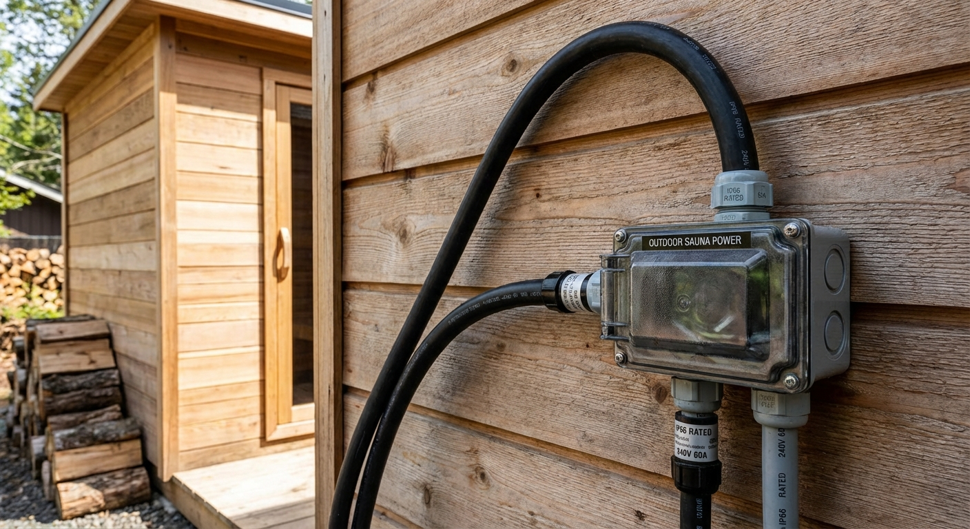 Elektrische Anschlussdose und Starkstromkabel an einer Sauna-Holzwand