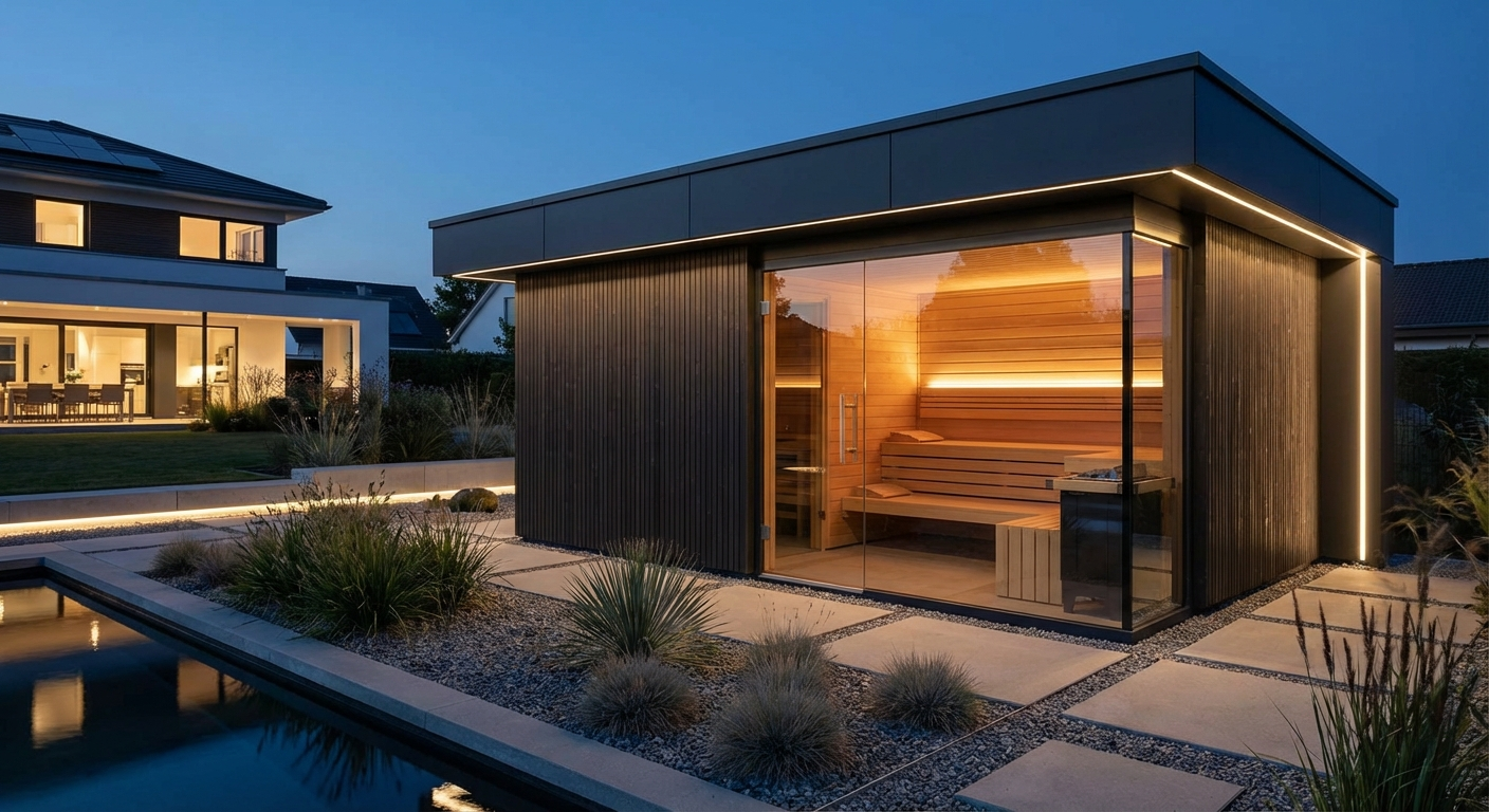 Ultra-moderne Designer-Gartensauna mit Flachdach, Anthrazit-Verkleidung und Glasfront bei Abendbeleuchtung