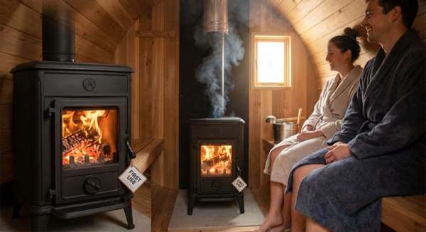 Completed wood-fired heater installation in barrel sauna