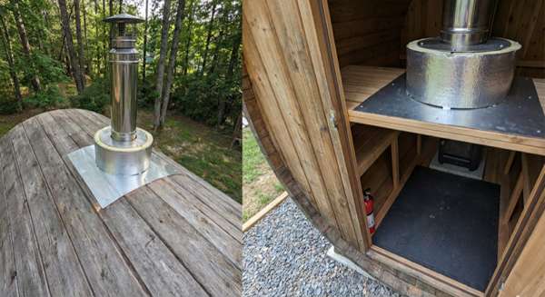 Chimney pipe installation through barrel sauna roof