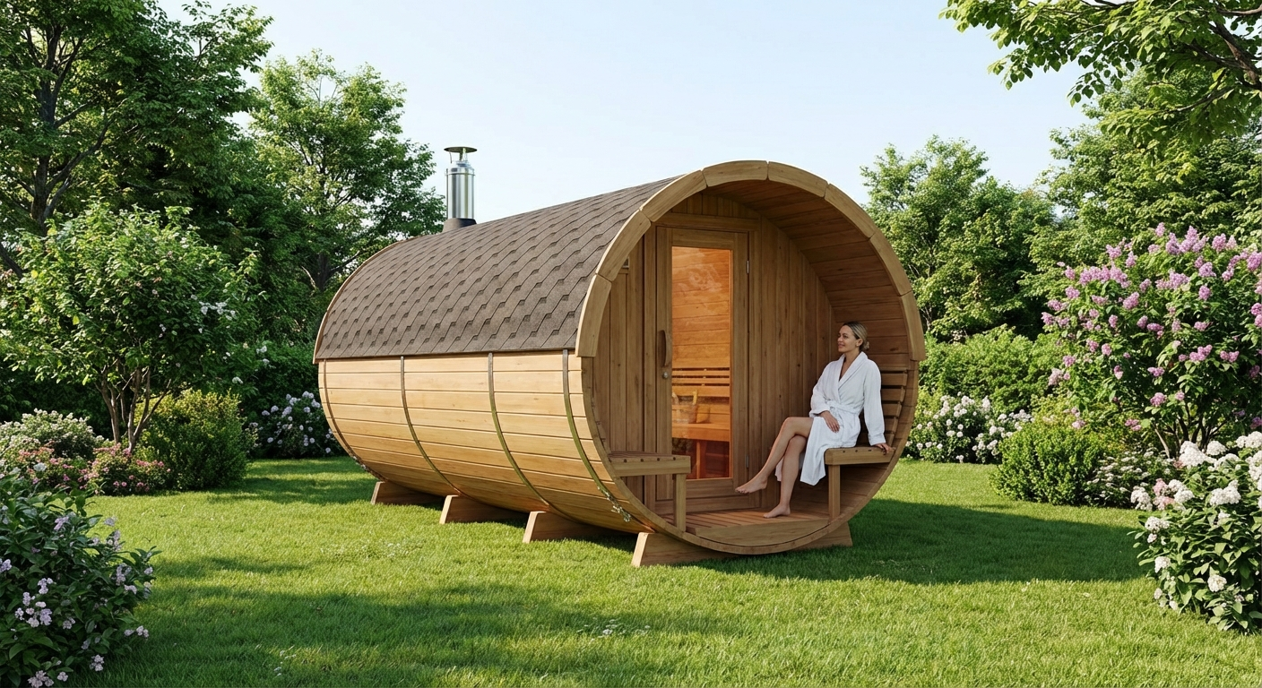 Room setup comparison: compact infrared cabin in apartment vs barrel sauna in spacious garden