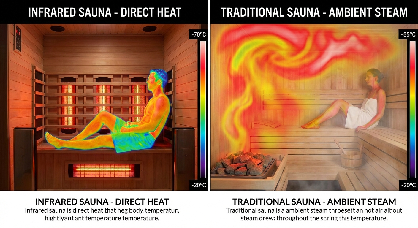 Thermal heat visualization: infrared direct body heat vs traditional sauna steam heat