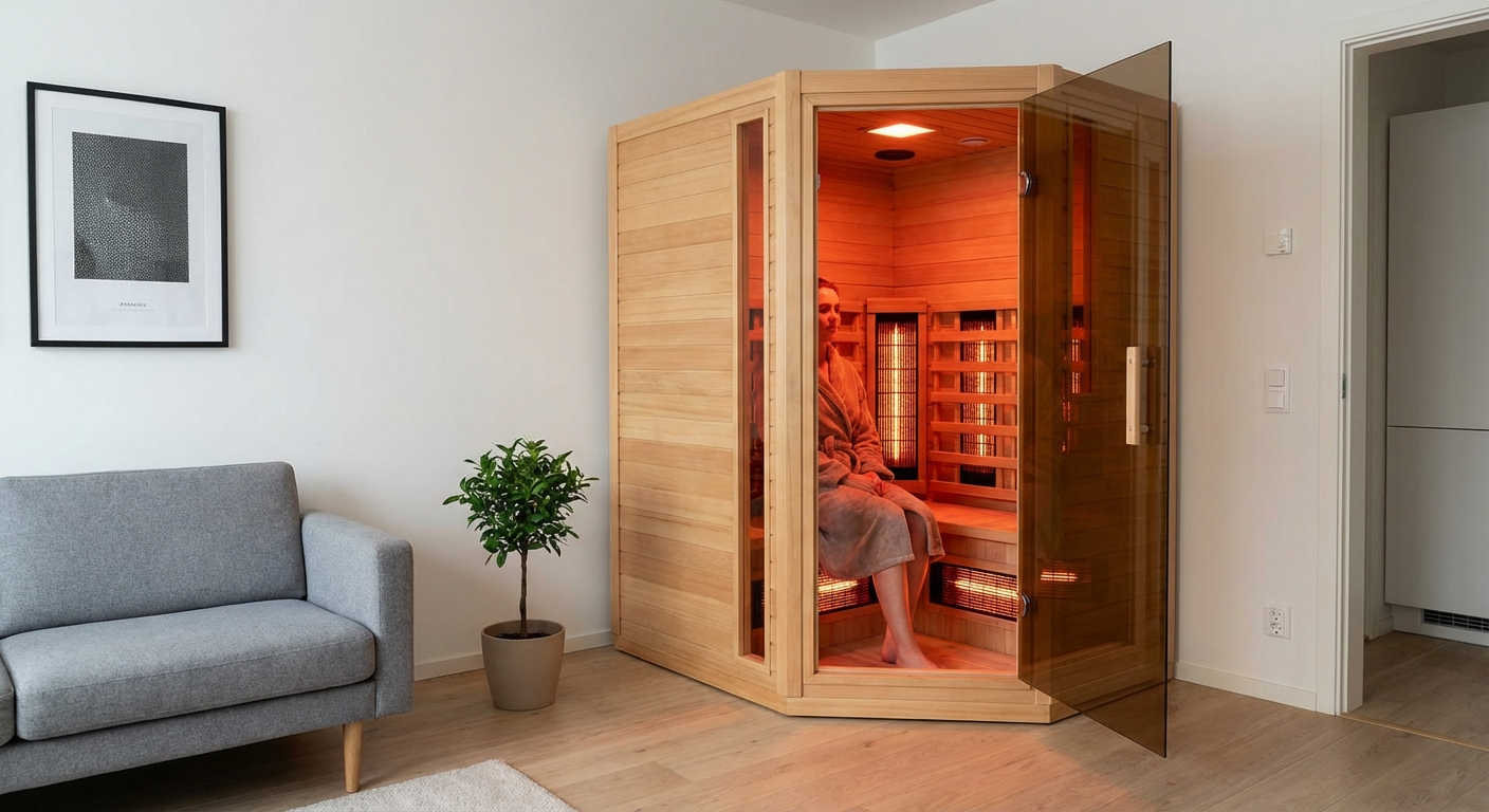 Kompakte Infrarotsauna für eine Person in einem modernen Wohnzimmer