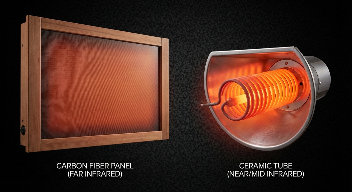 Carbon-Flächenstrahler und Keramik-Röhrenstrahler einer Infrarotsauna im direkten Vergleich