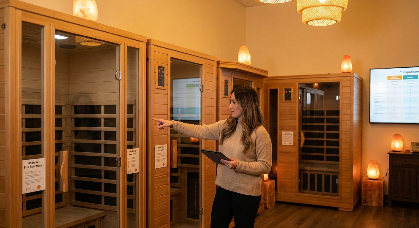 Infrarotsauna-Showroom mit verschiedenen Holzkabinen und Glasfronten