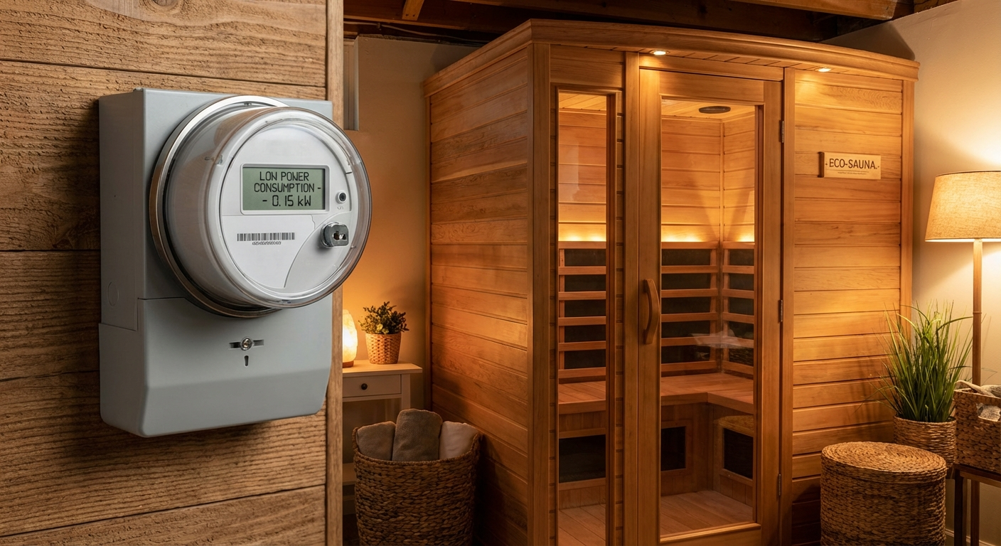 Stromzähler neben einer Infrarotkabine aus Holz zeigt niedrigen Verbrauch