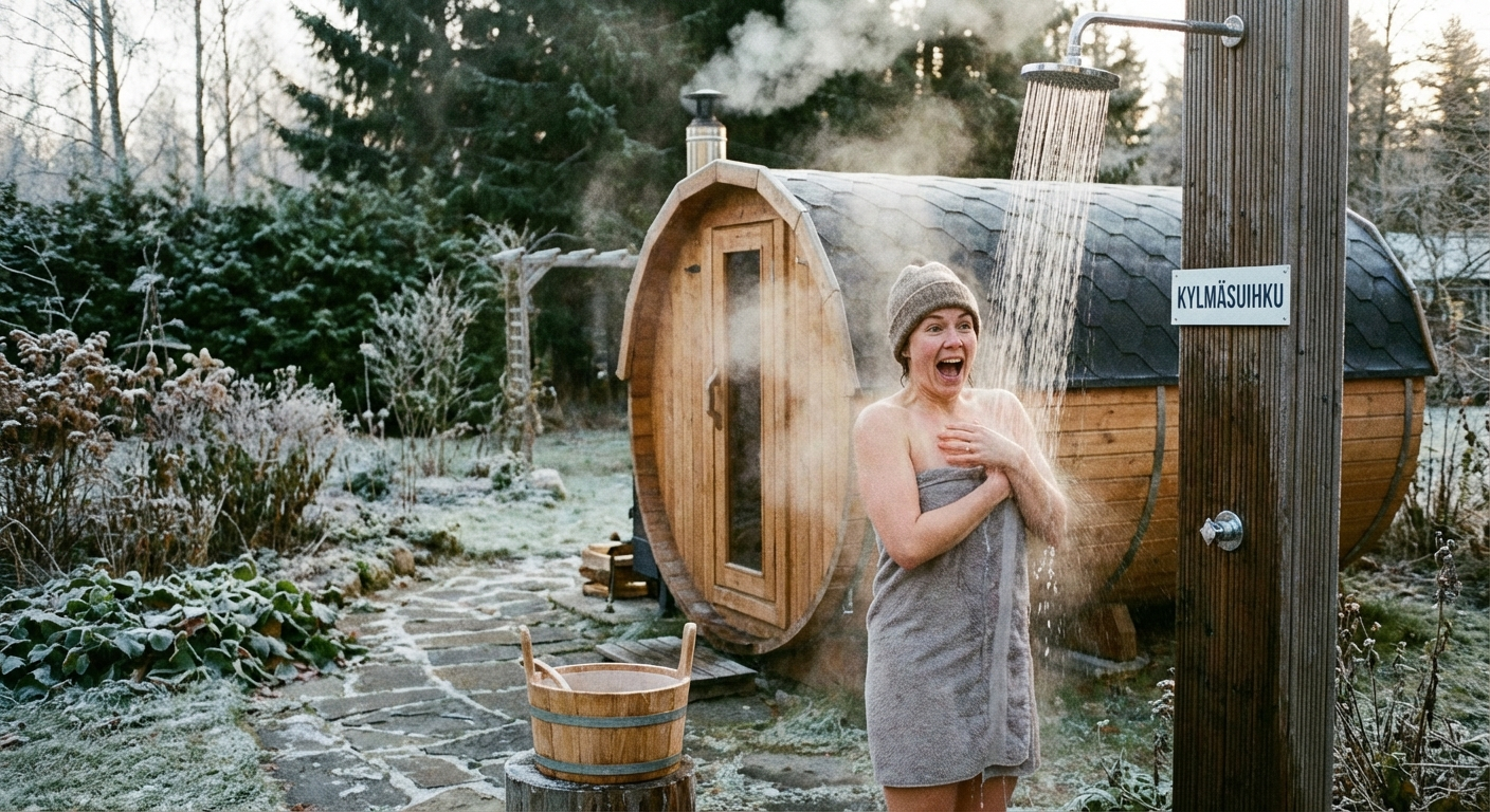Outdoor cold shower next to barrel sauna