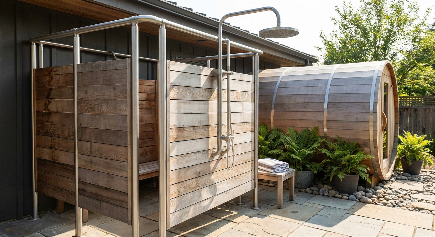 Stylish outdoor shower made of wood and stainless steel