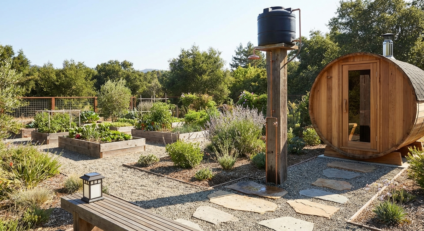 Solar outdoor shower installation next to barrel sauna