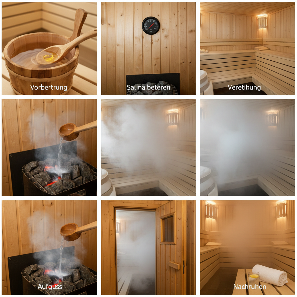 Saunaaufguss Ablauf — Aufgusskelle mit Wasser über Saunasteinen