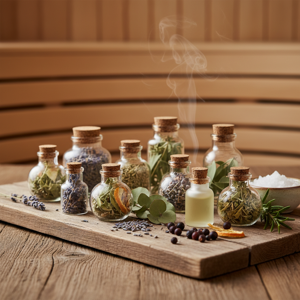 Verschiedene Saunaöle und Aufguss-Düfte — Eukalyptus, Minze, Birke, Zitrus