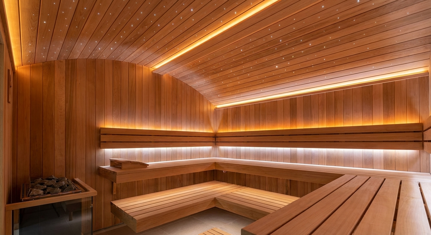 LED-Beleuchtung in einer modernen Sauna mit warmem Bernsteinlicht und Sternenhimmel-Effekt
