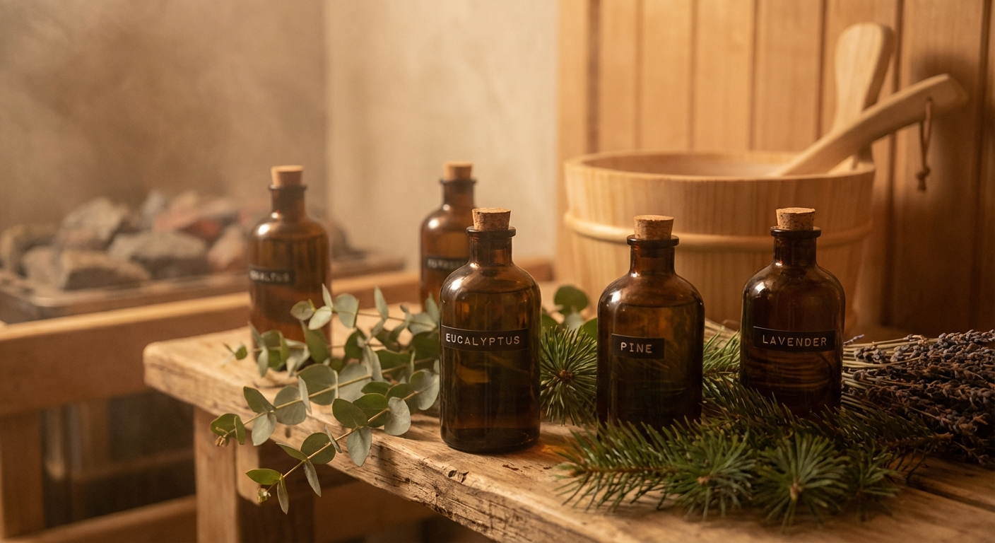 Elegante Glasflaschen mit ätherischen Ölen, umgeben von Eukalyptus- und Kiefernzweigen vor einem Sauna-Aufgusskübel