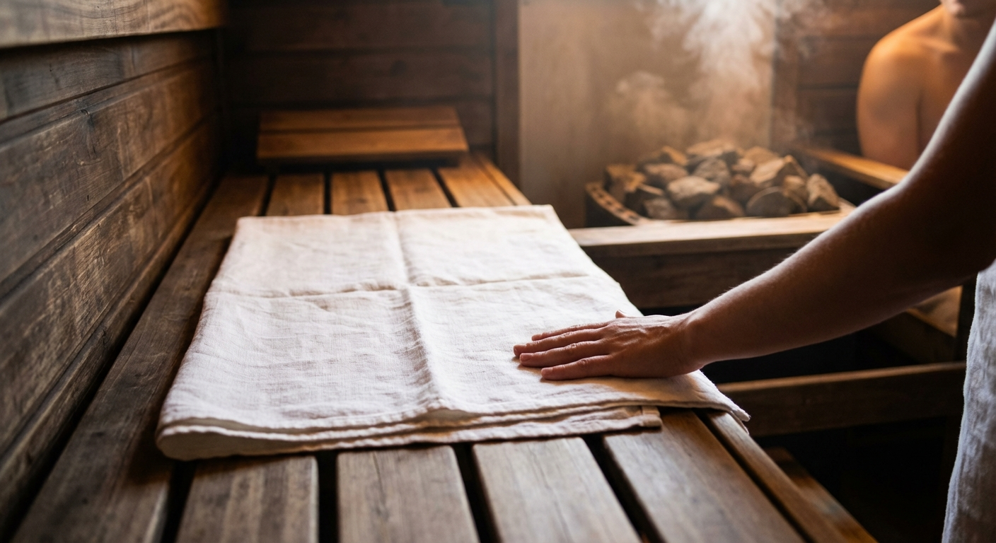 Towel properly placed on sauna bench before sitting