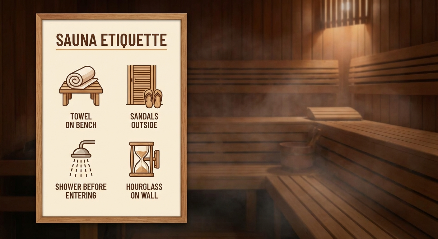 Sauna-Etikette illustriert: Handtuch auf der Bank, Sanduhr an der Wand, gepflegte Saunalandschaft