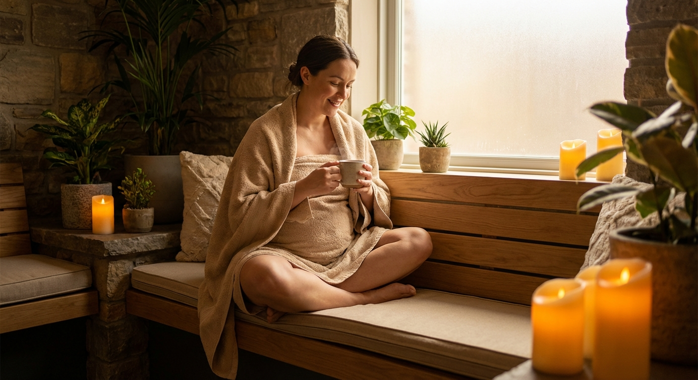 Schwangere Frau friedlich in Handtuch gehüllt in einer Wellness-Umgebung