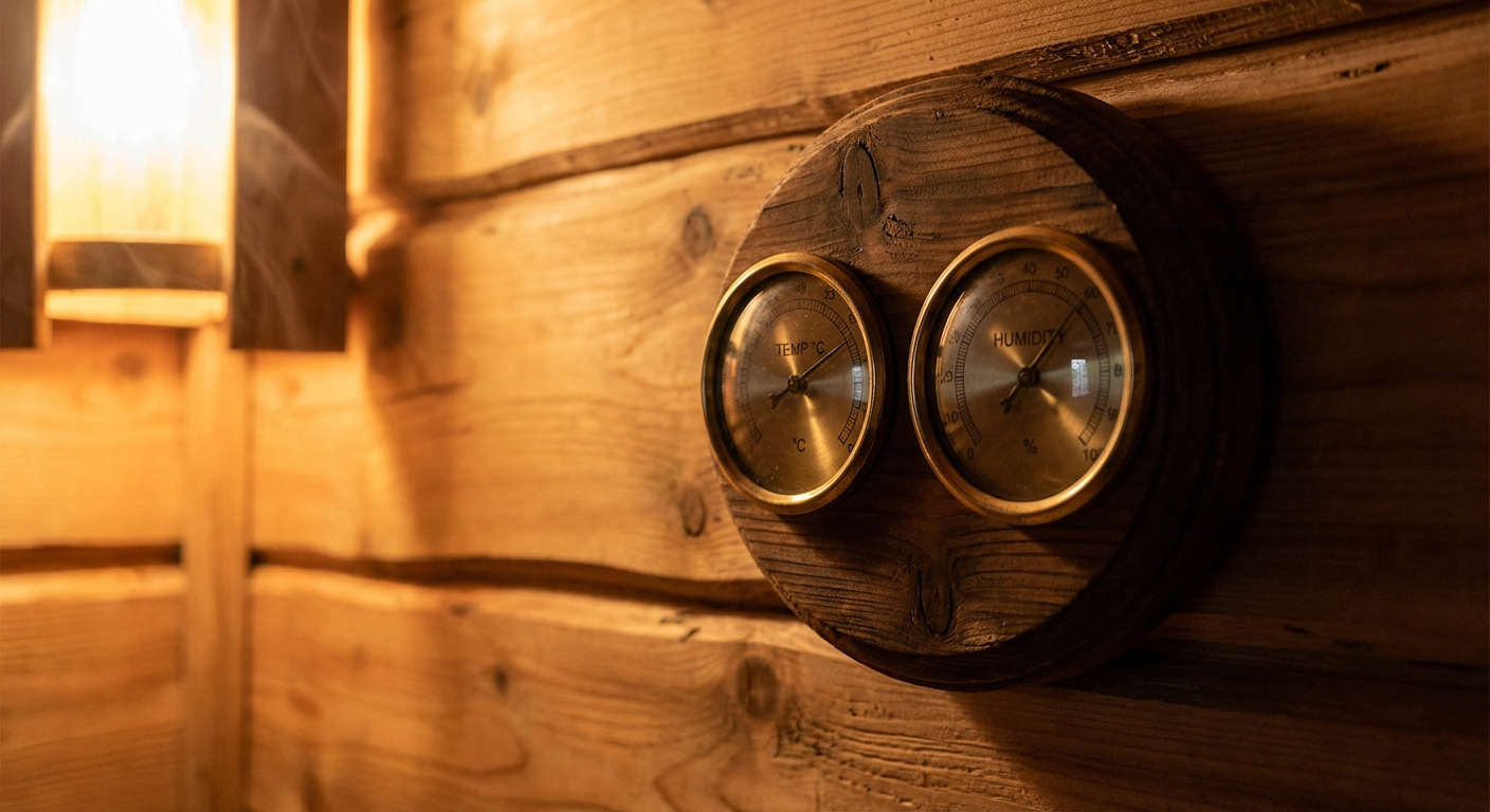 Klassisches rundes Sauna-Thermometer und Hygrometer aus Holz an einer Zedernholzwand