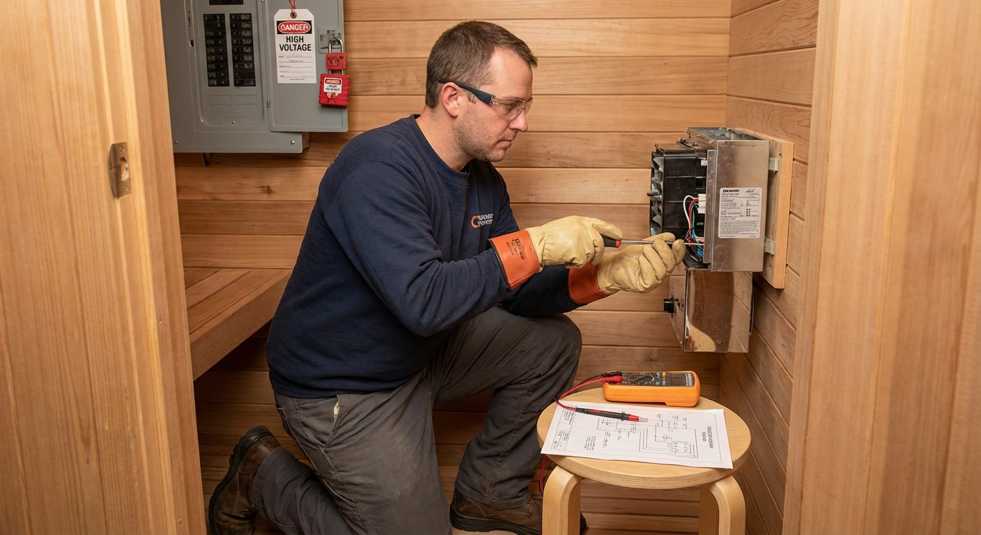 Electrician connecting sauna heater to power supply