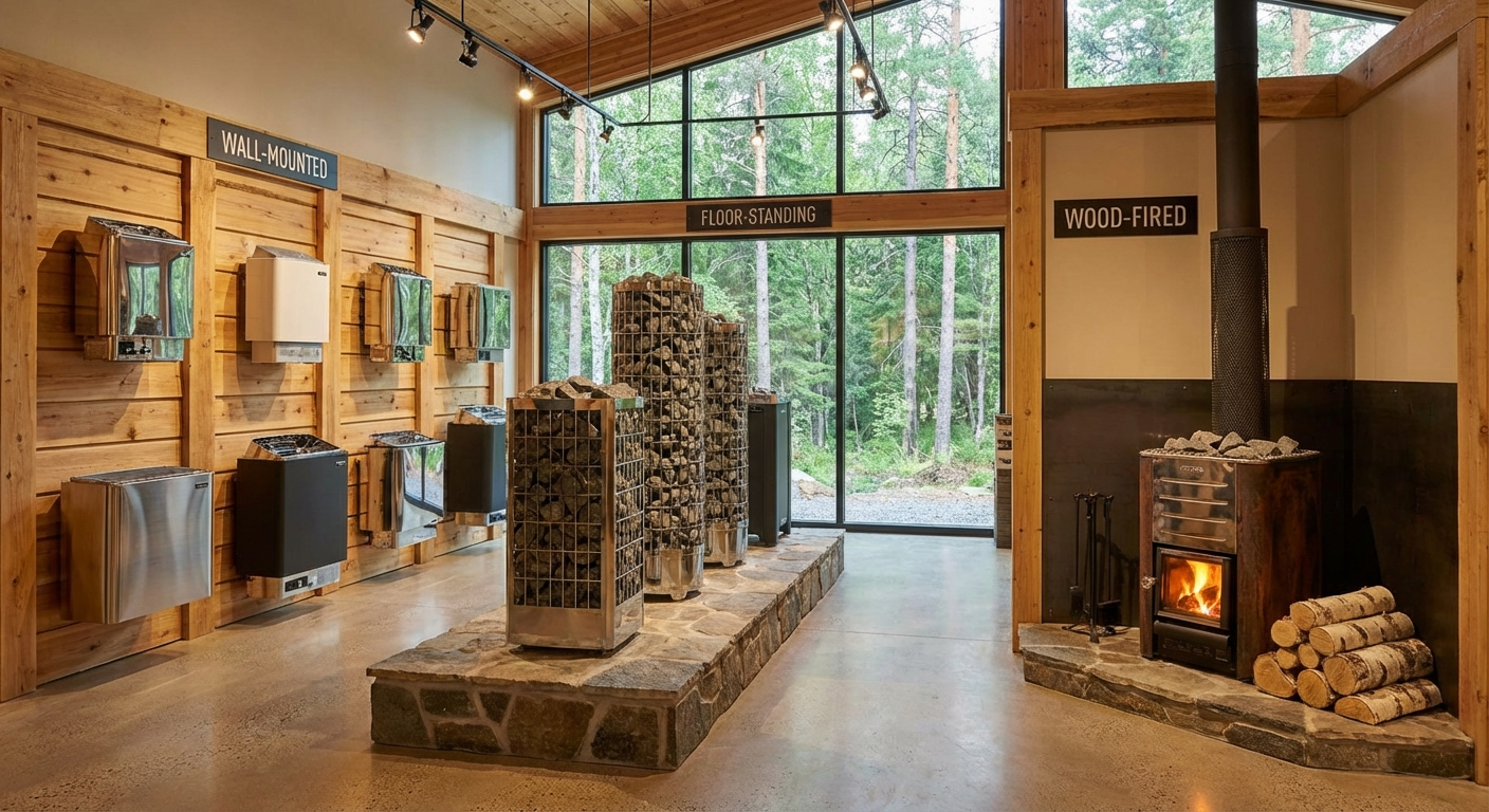 Display of various sauna heaters in showroom: wall-mounted