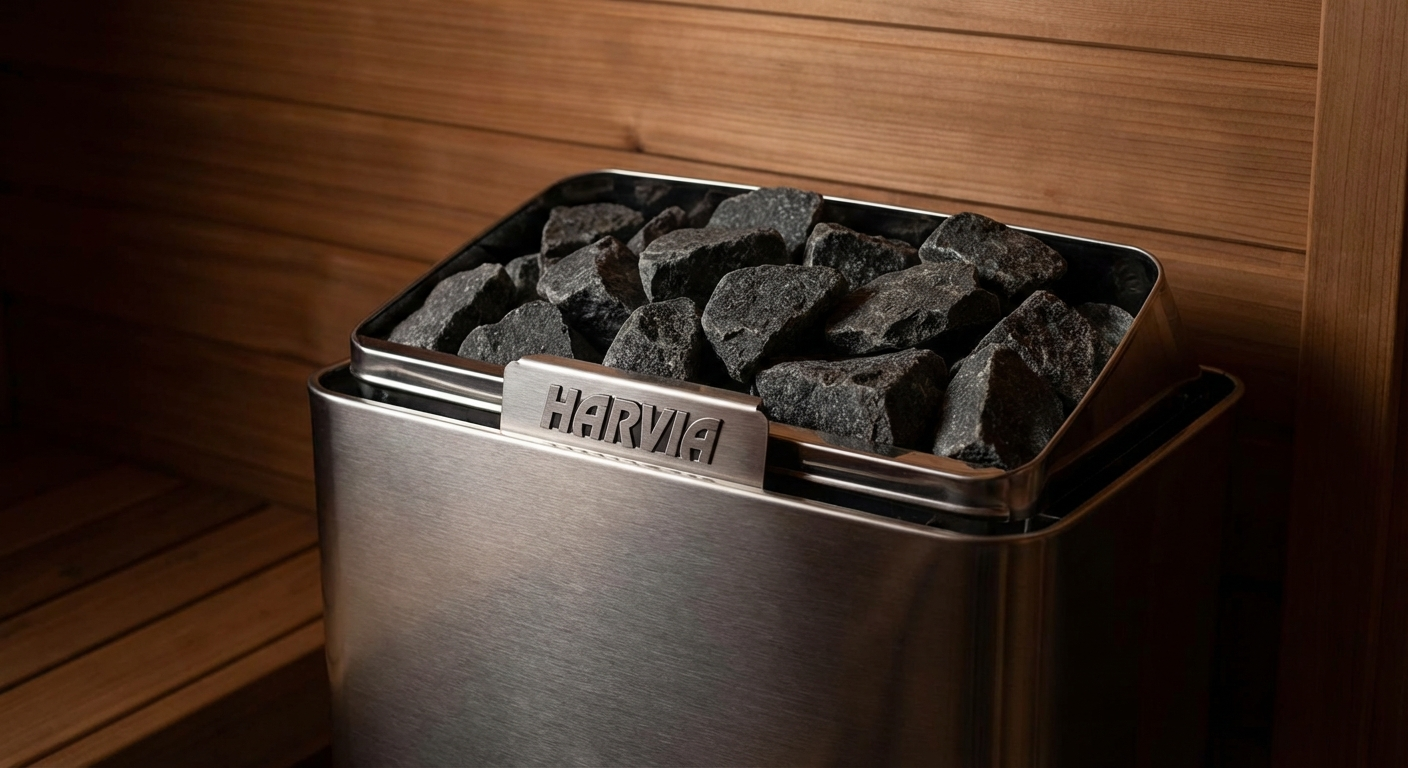 Premium Harvia sauna heater close-up with sauna stones loaded