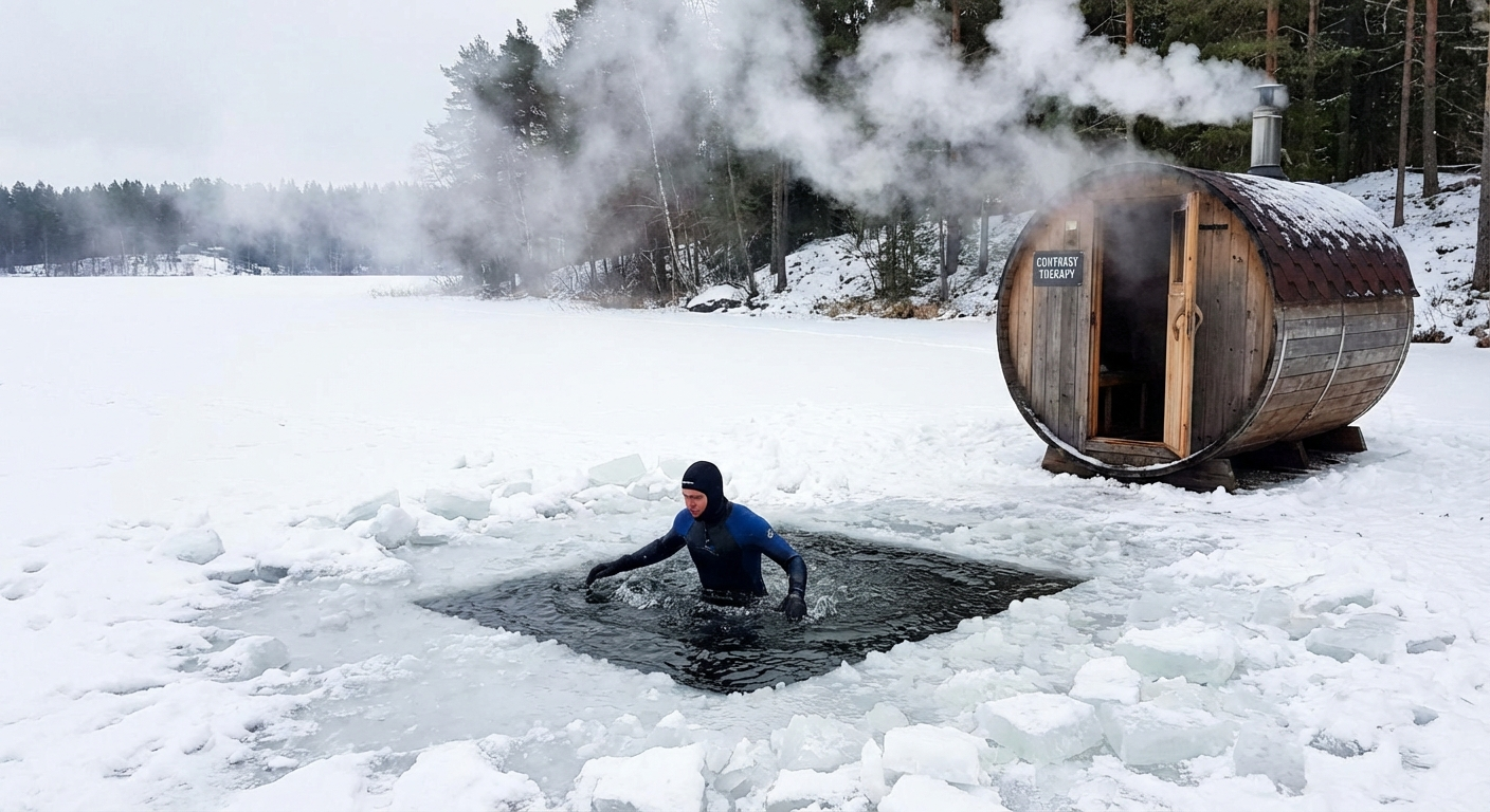 Person plunging into ice-cold water next to steaming barrel sauna