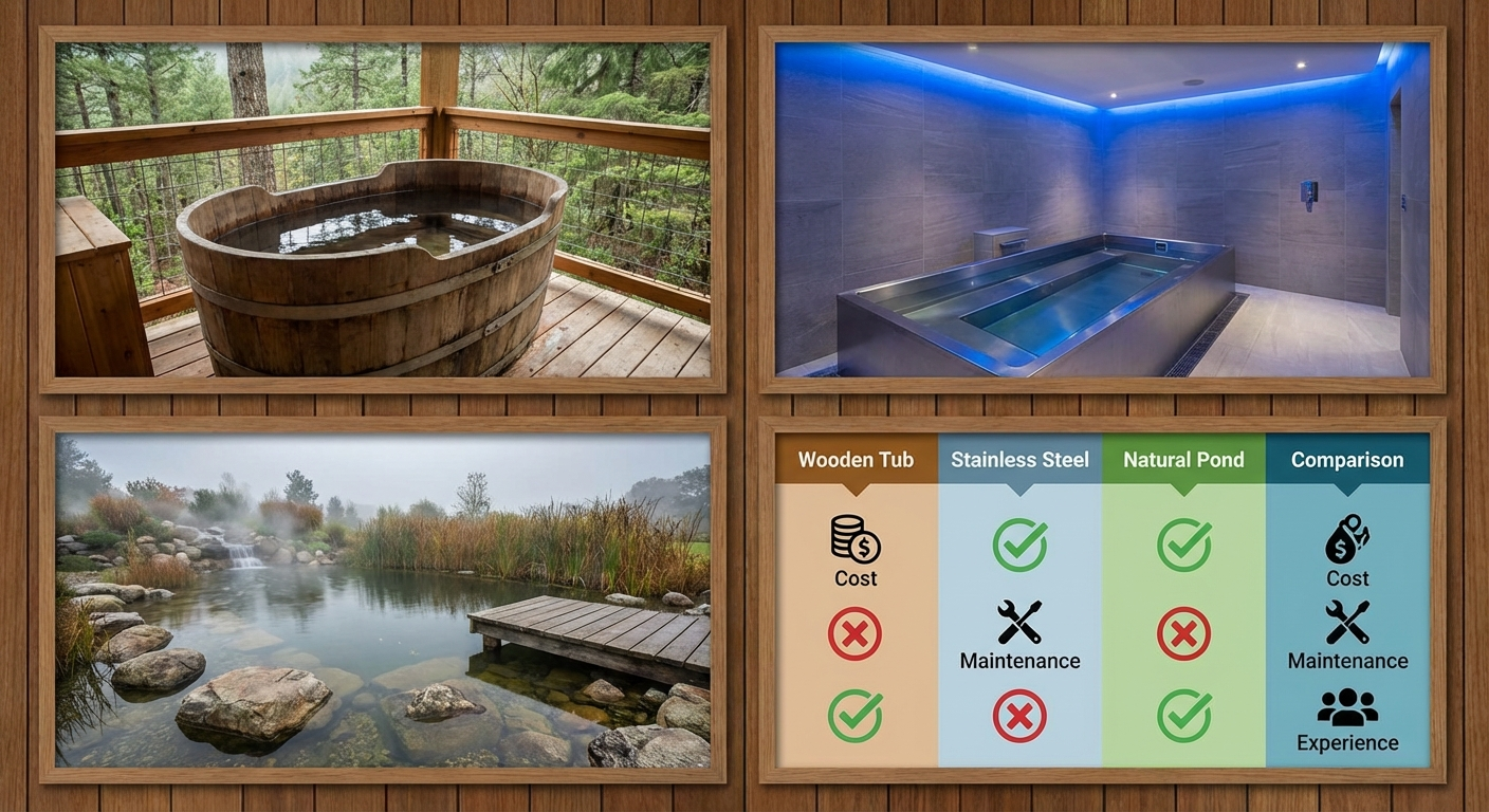 Different cold plunge options: wooden tub